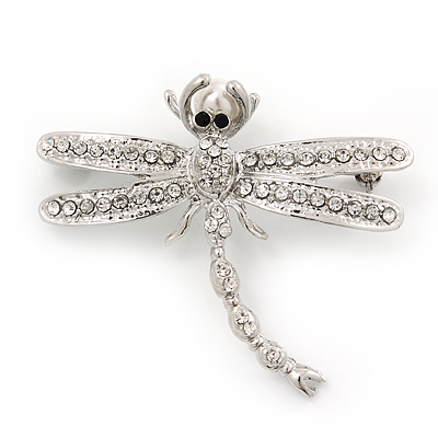 Clear Crystal 'Dragonfly With Simulated Pearl' Brooch In Silver Plated Metal - 6cm Length - main view