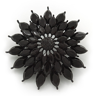 Layered Black Acrylic Floral Brooch In Gun Metal Finish - 5cm Diameter - main view