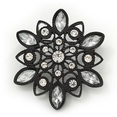 Victorian Style White Acrylic/Clear Crystal Floral Brooch In Black Metal - 4.5cm Diameter