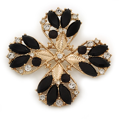 Vintage Black Jewelled Clear Crystal 'Cross' Brooch In Gold Plating - 6.5cm Length - main view