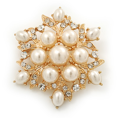 Delicate Simulated Pearl/Crystal Floral Brooch In Gold Plating - 5cm Diameter - main view
