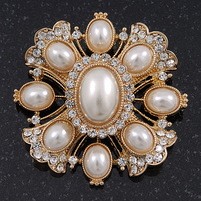 Victorian Style Simulated Pearl/Crystal Bridal Brooch In Gold Plating - 5cm Length - main view