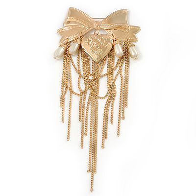 Statement Size Gold Plated Bow and Locket Brooch with Chains and Simulated Pearl Dangles - 18cm Long - main view