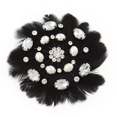 Large Simulated Pearl and Swarovski Crystal Beaded Black Feather Brooch - 10cm Length - main view