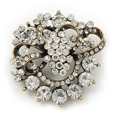 Ice Clear Diamante Corsage Brooch In Antique Gold Metal - 5cm Diameter - main view