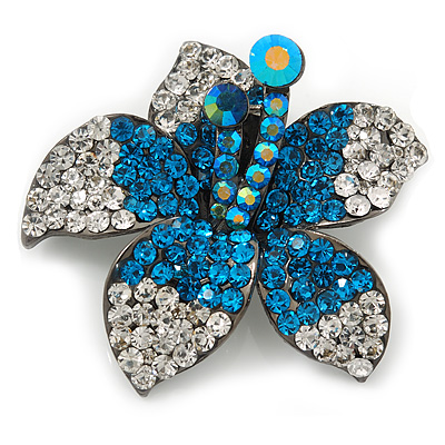Stunning Teal Blue/Clear Diamante Flower Brooch In Gun Metal Finish - 5cm Diameter - main view