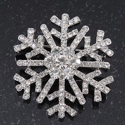 Clear Crystal 'Snowflake' Brooch In Silver Plating - 4cm Diameter - main view