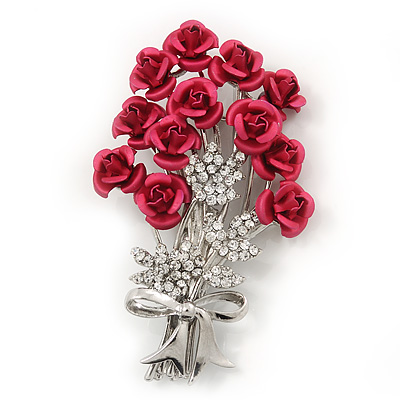 Pink 'Bunch Of Roses' Diamante Brooch In Silver Plating - 6.5cm Length - main view