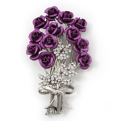 Violet 'Bunch Of Roses' Diamante Brooch In Silver Plating - 6.5cm Length - main view