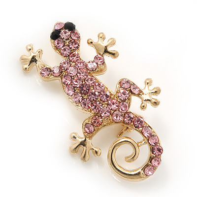 Small Light Pink Crystal 'Lizard' Brooch In Gold Plating - 3.5cm Length - main view