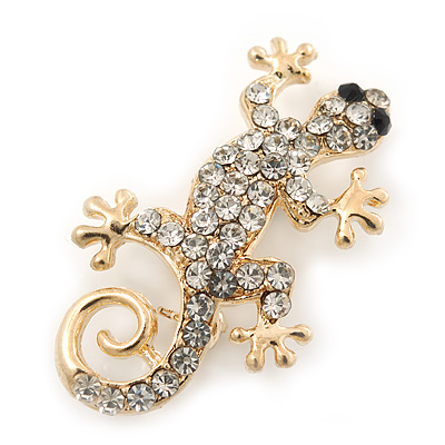 Small Clear Crystal 'Lizard' Brooch In Gold Plating - 3.5cm Length