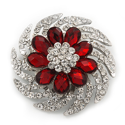 Red/Clear Diamante Flower Scarf Pin Brooch In Silver Plating - 5.5cm Diameter
