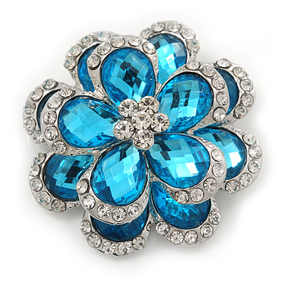 Clear/Azure Blue Diamante 'Flower' Corsage Brooch In Silver Plating - 4cm Diameter - main view