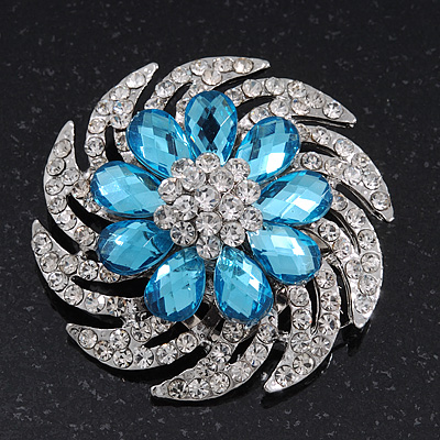 Light Blue/Clear Diamante Flower Scarf Pin Brooch In Silver Plating - 5.5cm Diameter - main view