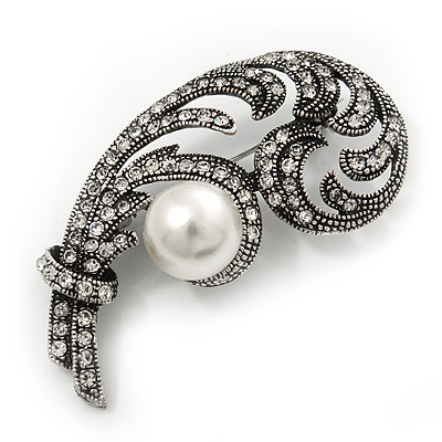 Vintage Diamante Simulated Pearl 'Feather' Brooch In Antique Silver Finish - 5cm Length - main view