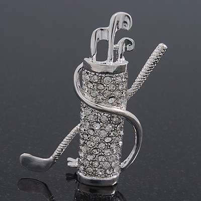 Clear Crystal 'Golf Clubs' Brooch In Silver Plating - 5.5cm Length