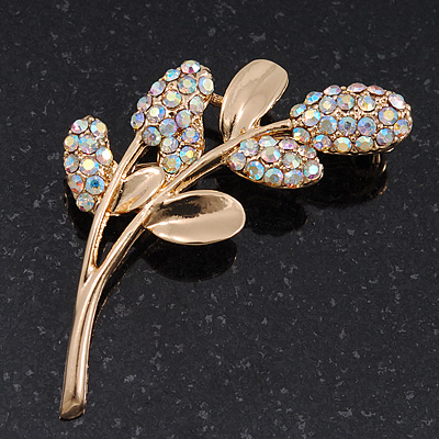 Gold Plated AB Crystal 'Reed' Floral Brooch - 5cm Length - main view