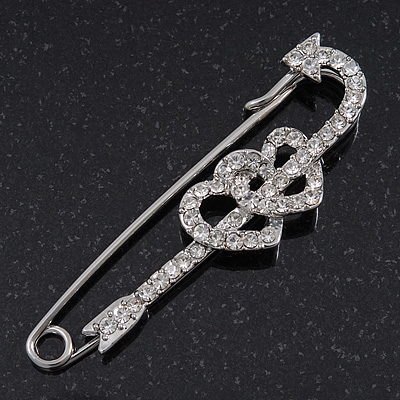 Swarovski Crystal 'Double Heart' Safety Pin Brooch In Rhodium Plating - 7.5cm Length