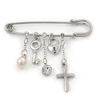 'Simulated Pearl, Cross, Lock&Key' Safety Pin Brooch In Rhodium Plated Metal - - main view