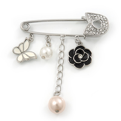 'Flower, Butterfly & Simulated Pearl Bead' Swarovski Crystal Safety Pin Brooch In Rhodium Plated Metal - 5cm Length - main view
