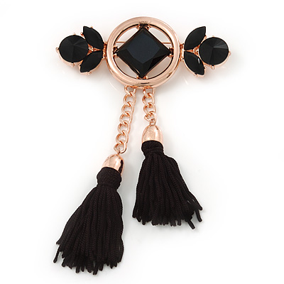 Long Black Glass,Tassel Brooch In Gold Plating - 12.5cm Length - main view