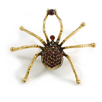 Large Amber Coloured Swarovski Crystal 'Spider' Brooch In Gold Plating - 6.5cm Length