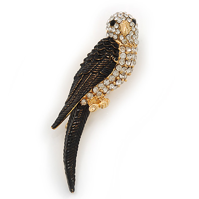 Exotic Diamante Enamel 'Parrot' Bird Brooch In Gold Plating - 7cm L - main view