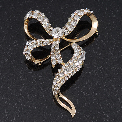 Dazzling Diamante 'Bow' Brooch In Gold Plated Metal - 7cm Length