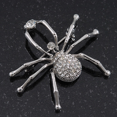 Ice Clear 'Spider' Brooch In Rhodium Plating - 4.5cm Length - main view