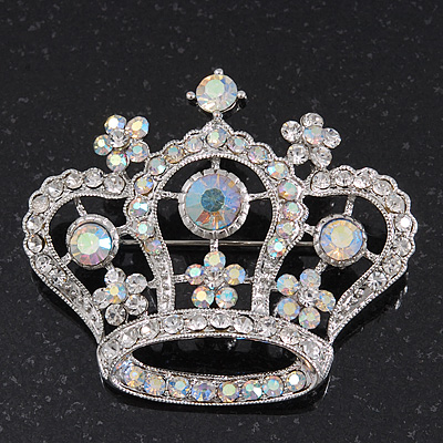 Clear & AB Crystal 'Queenie' Crown Brooch In Rhodium Plated Metal - 5cm Length - main view