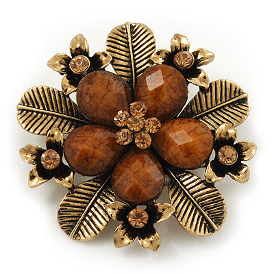 'Botanica' Flower Brooch In Antique Gold Finish Crystal/Stone (Brown)  - 6.5cm Diameter - main view