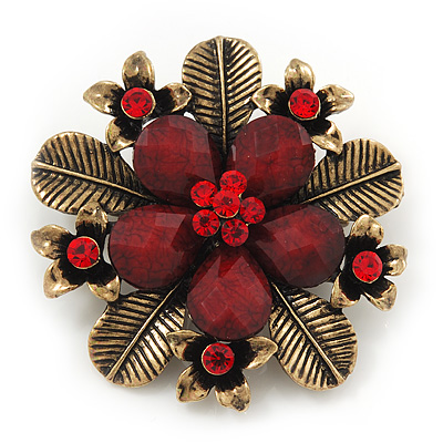 'Botanica' Flower Brooch In Antique Gold Finish Crystal/Stone (Red) - 5.5cm Diameter - main view