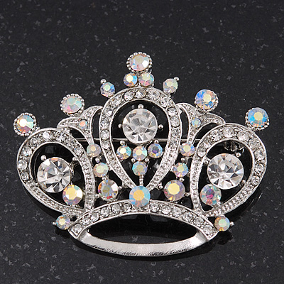 Clear & AB Crystal 'Princess' Crown Brooch In Rhodium Plated Metal - 4.5cm Length - main view