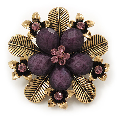 'Botanica' Flower Brooch In Antique Gold Finish Crystal/Stone (Purple) - 5.5cm Diameter - main view