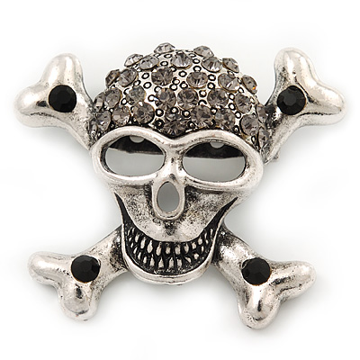 Diamante 'Skull & Crossbones' Brooch In Burn Silver - 4cm Length - main view