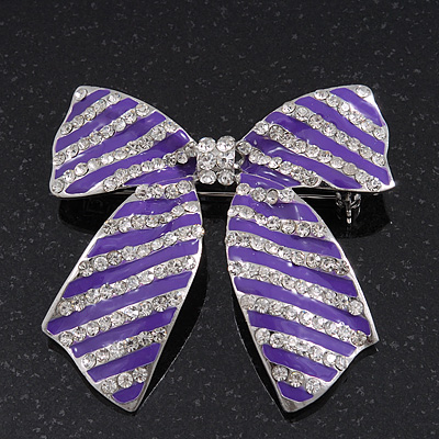 Large Purple Enamel Diamante 'Bow' Brooch In Rhodium Plating - 6cm Length