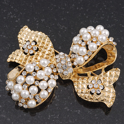 Gold Plated White Simulated Pearl Diamante 'Bow' Brooch - 5cm Length