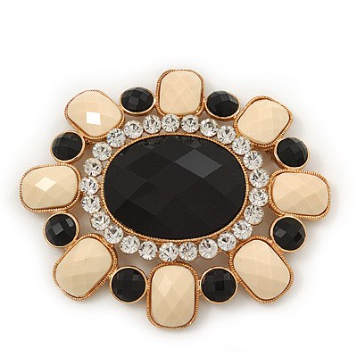 Huge Vintage Black/Cream Acrylic Diamante Oval Brooch In Gold Plating - 10cm Length