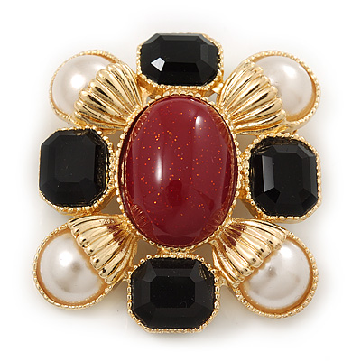 Square Simulated Pearl, Black Glass, Red Stone Brooch In Gold Plating - 5cm Length - main view
