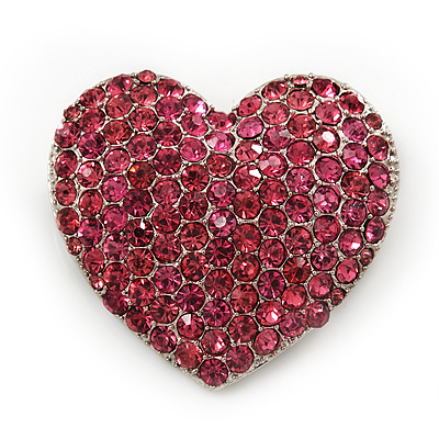 Pink Swarovski Crystal Pave Set 'Heart' Brooch In Silver Plating - 3.5cm Length - main view