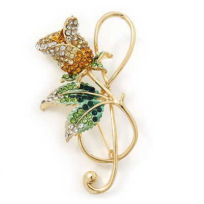Large Gold Plated Treble Clef & Swarovski Crystal Rose Brooch - 7cm Length - main view