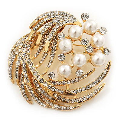 Gold Plated Simulated Pearl/ Swarovski Crystal 'Wings' Corsage Brooch - 5.5cm Diameter - main view