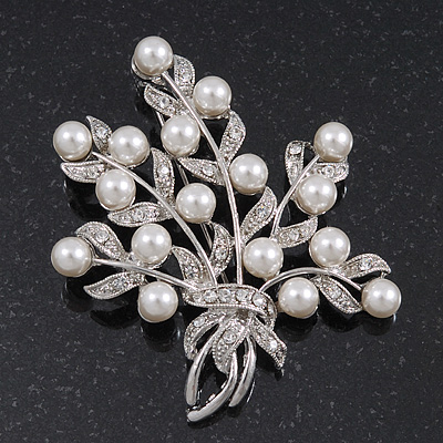 White Simulated Pearl/ Clear Crystal Floral Brooch In Rhodium Plating - 6cm Length - main view