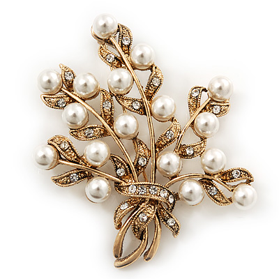 White Simulated Pearl/ Clear Crystal Floral Brooch In Gold Plating - 6cm Length - main view