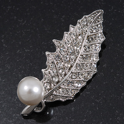 Rhodium Plated Diamante/Simulated Pearl 'Leaf' Brooch - 5cm Length - main view