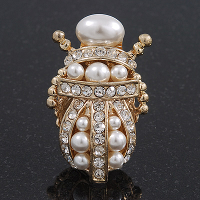 Clear Crystal/ Simulated Pearl Egyptian 'Scarab' Beetle Brooch In Gold Plating - 4.5cm Length - main view