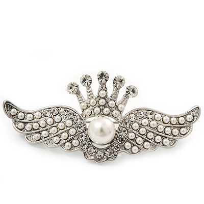 'Crown & Wings' Simulated Pearl/ Crystal Brooch In Rhodium Plating - 6cm Length - main view