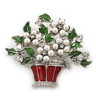 'Basket With Christmas Bouquet' Red/Green Enamel Simulated Pearl Brooch In Silver Plating - 5.5cm Length - main view
