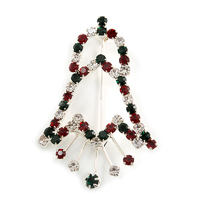 Red/Green/White Christmas Crystal Jingle Bell Brooch In Silver Plating - 5.5cm Length - main view