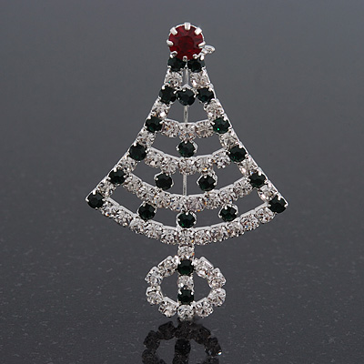 Green/Red/White Crystal 'Christmas Tree' Brooch In Silver Plating - 6cm Length - main view